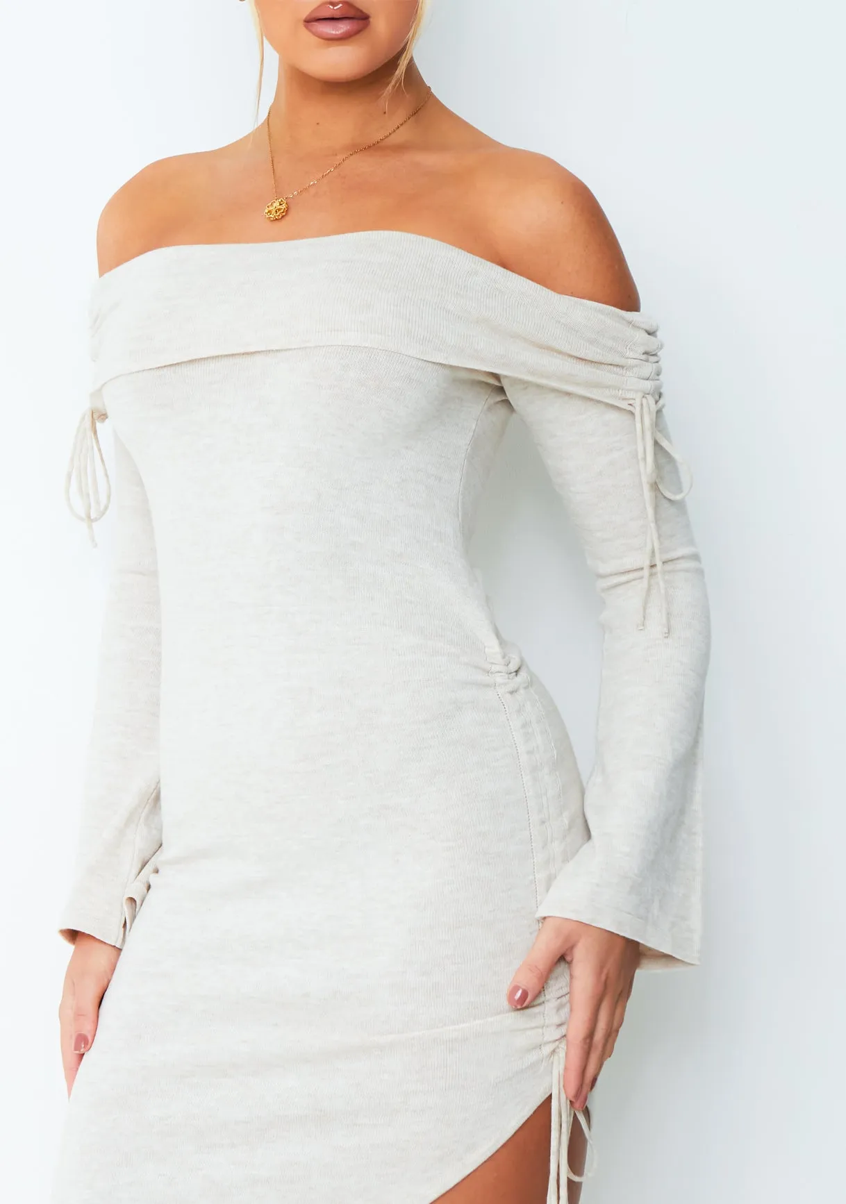 Jessy Beige Fold Over Side Ruched Midi Dress