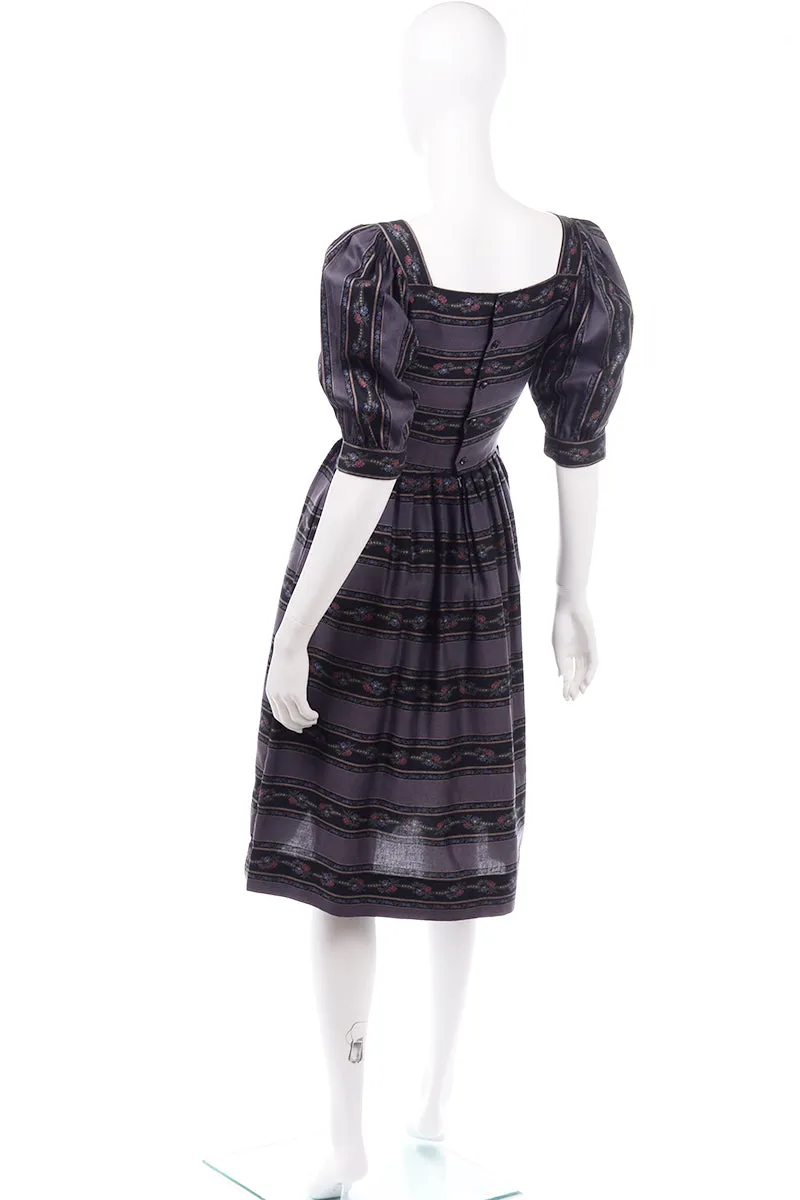 Lanz Originals Vintage Gray Floral Print Cotton Dress W Puff Sleeves