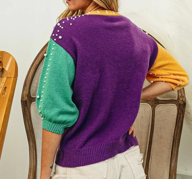 Mardi Gras Pearl Sweater Top