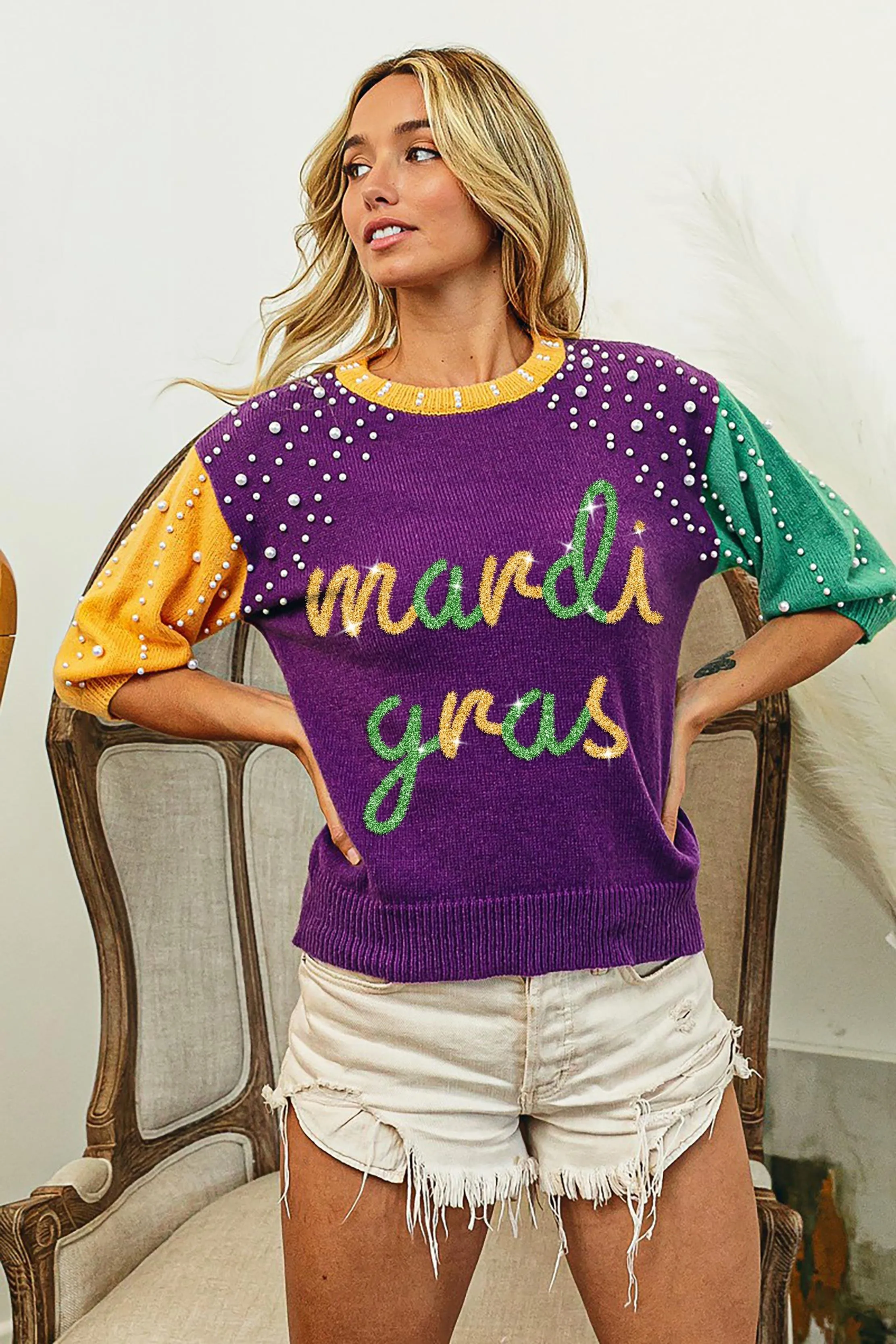 Mardi Gras Pearl Sweater Top