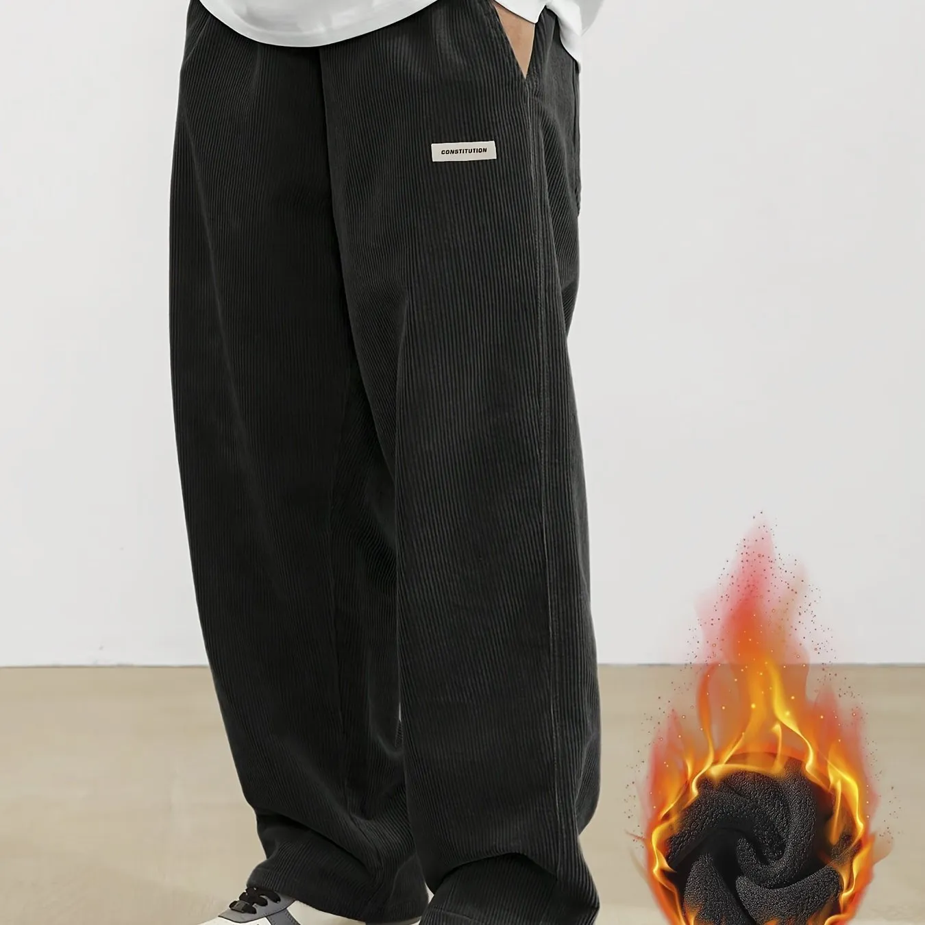 Men's Vintage-Inspired Thick Fleece Casual Pants with Slant Pockets - Loose Fit, Drawstring Waist for Fall/Winter Streetwear & Outdoor Activities