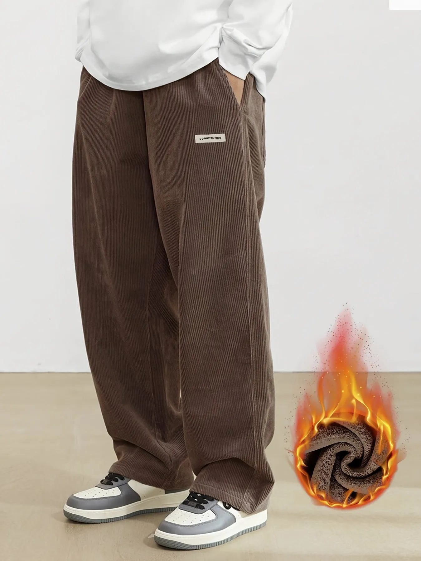 Men's Vintage-Inspired Thick Fleece Casual Pants with Slant Pockets - Loose Fit, Drawstring Waist for Fall/Winter Streetwear & Outdoor Activities