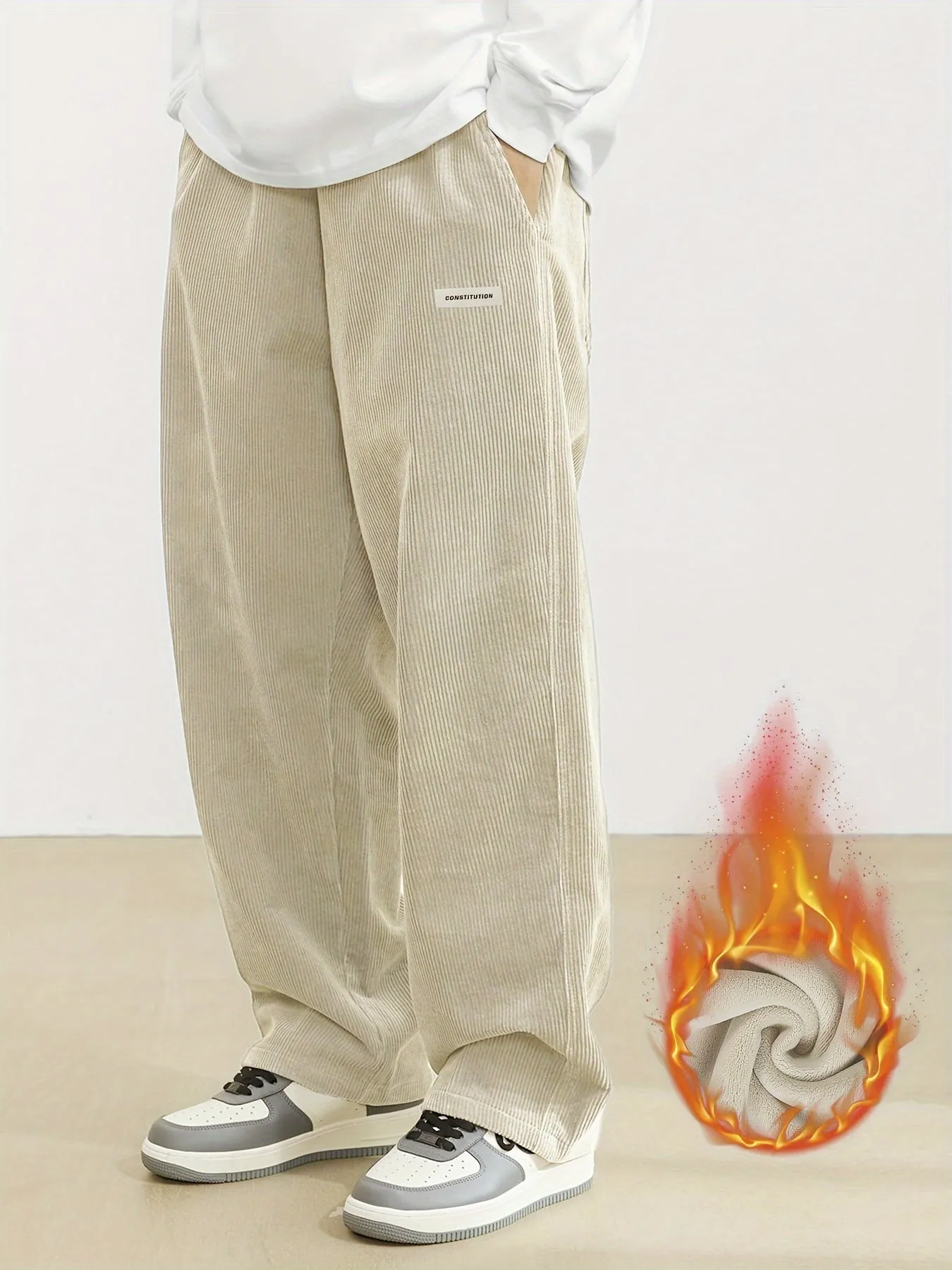 Men's Vintage-Inspired Thick Fleece Casual Pants with Slant Pockets - Loose Fit, Drawstring Waist for Fall/Winter Streetwear & Outdoor Activities