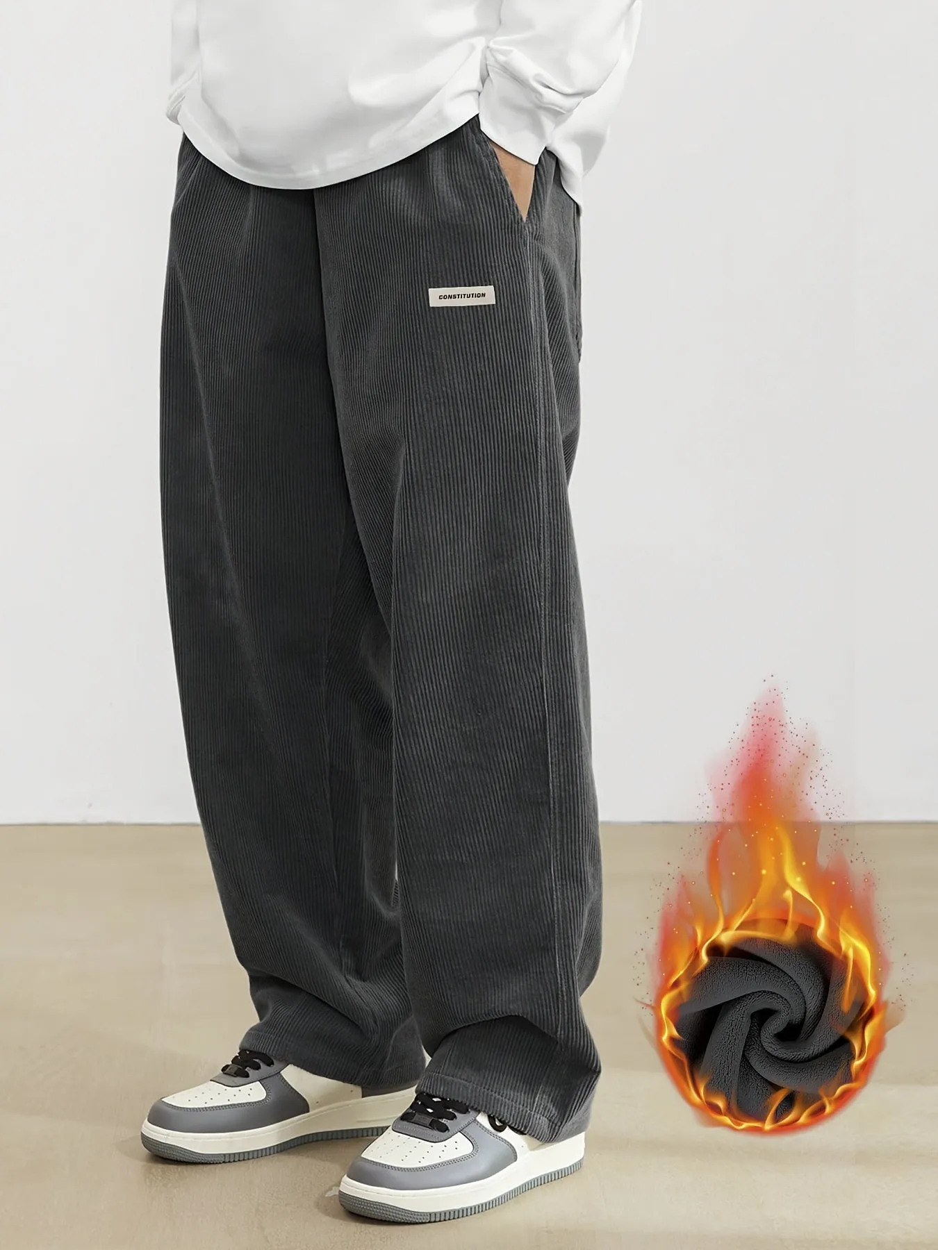 Men's Vintage-Inspired Thick Fleece Casual Pants with Slant Pockets - Loose Fit, Drawstring Waist for Fall/Winter Streetwear & Outdoor Activities