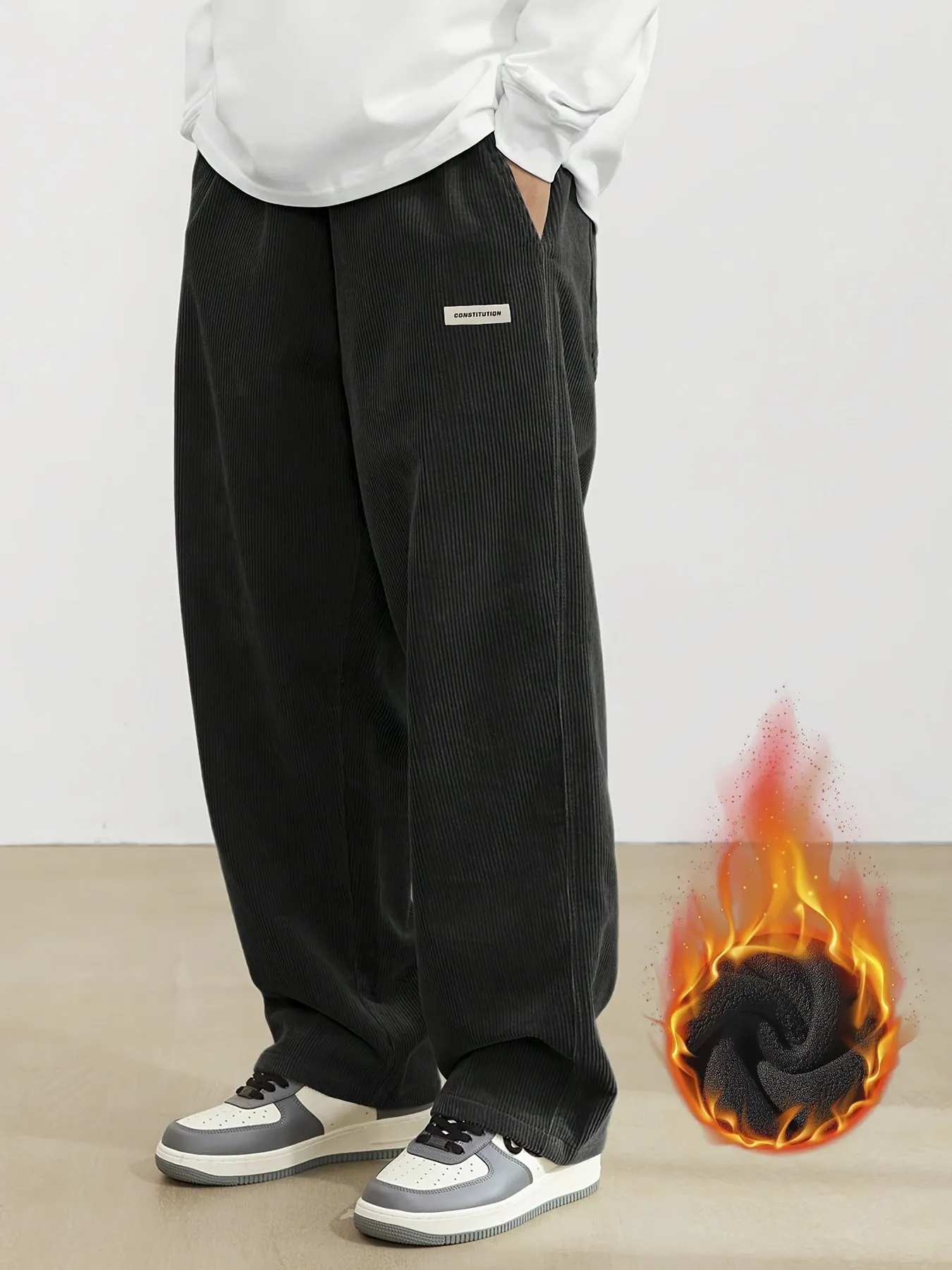 Men's Vintage-Inspired Thick Fleece Casual Pants with Slant Pockets - Loose Fit, Drawstring Waist for Fall/Winter Streetwear & Outdoor Activities