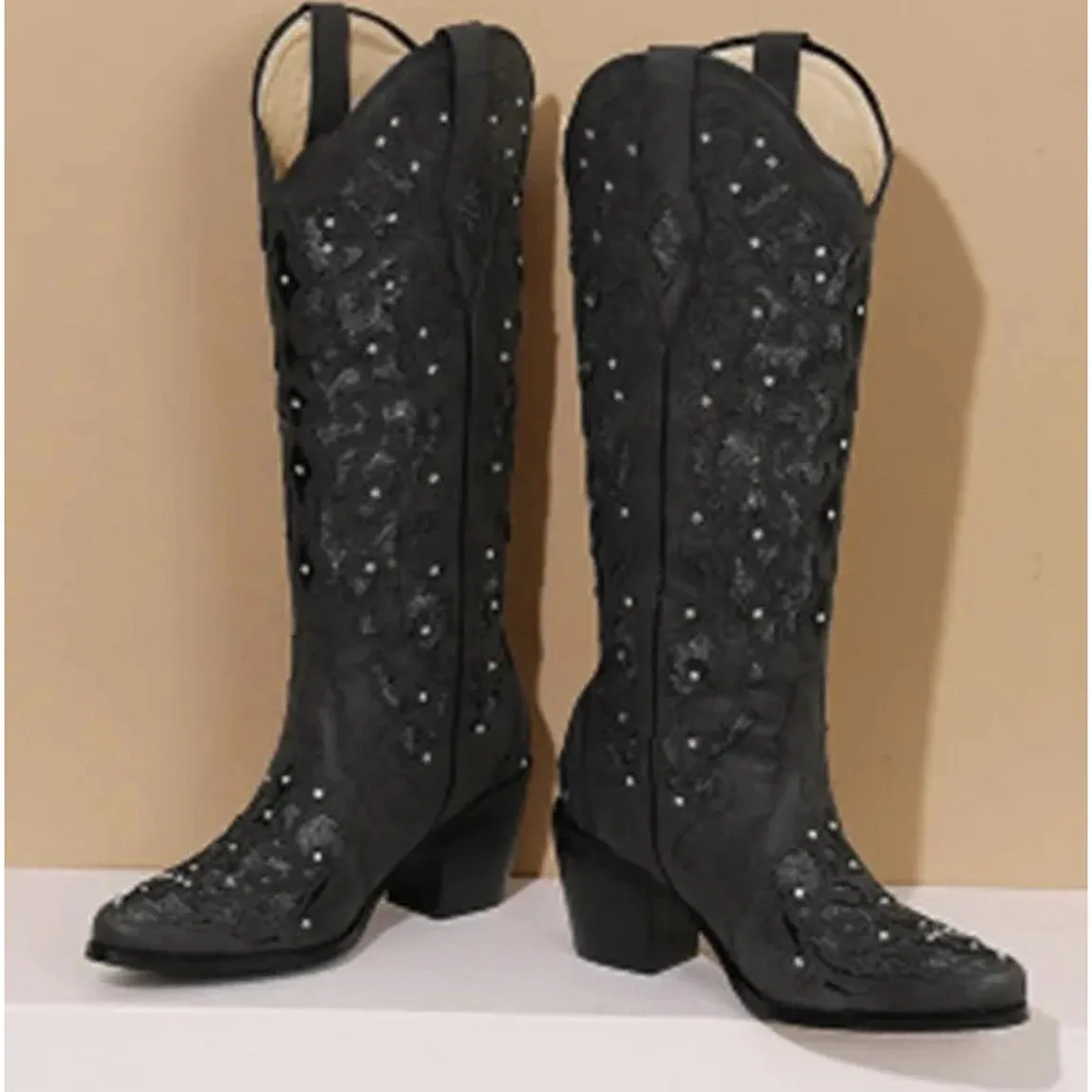 Merendy Dalieda Floral Embroidered block heel boots