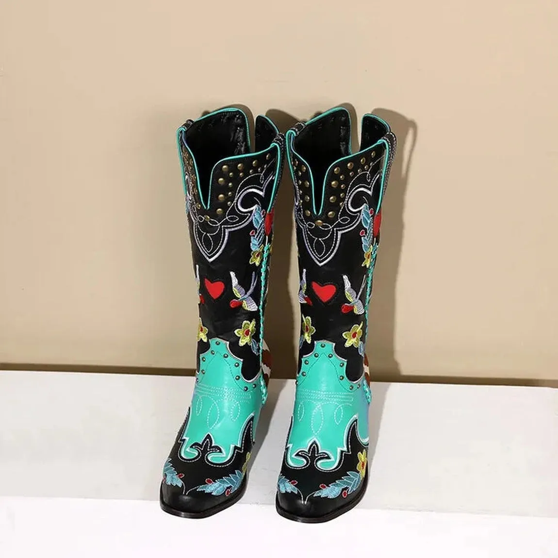 Merendy Dalieda Floral Embroidered block heel boots