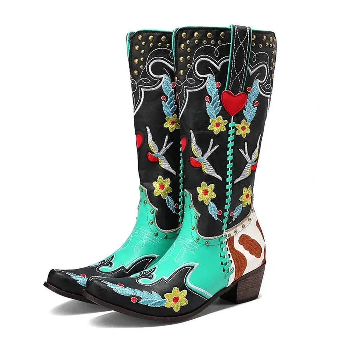 Merendy Dalieda Floral Embroidered block heel boots