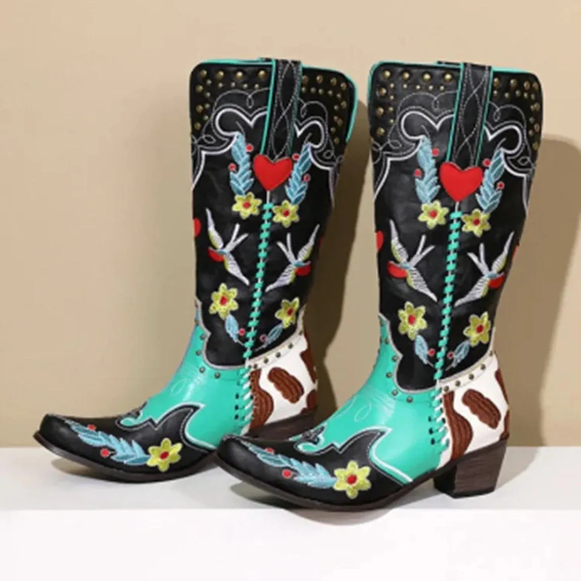 Merendy Dalieda Floral Embroidered block heel boots