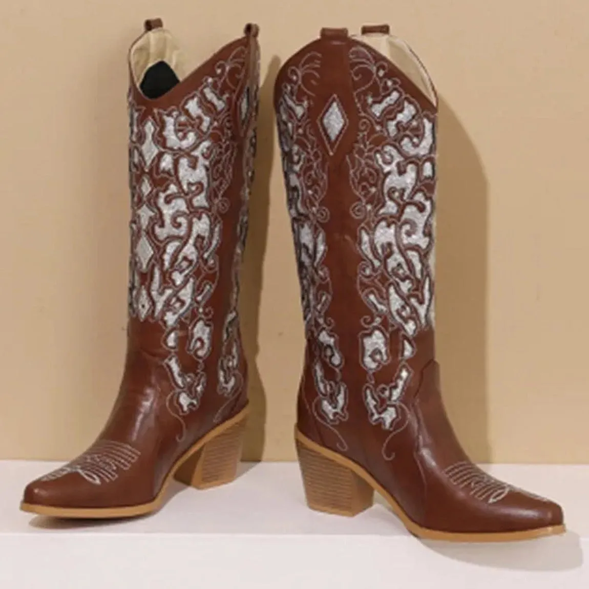 Merendy Dalieda Floral Embroidered block heel boots
