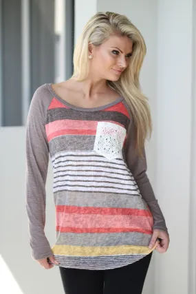 Multicolor Striped Top with Crochet Pocket