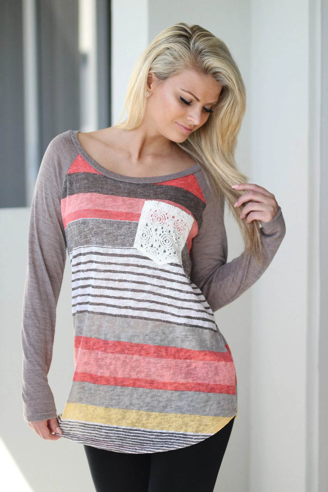 Multicolor Striped Top with Crochet Pocket