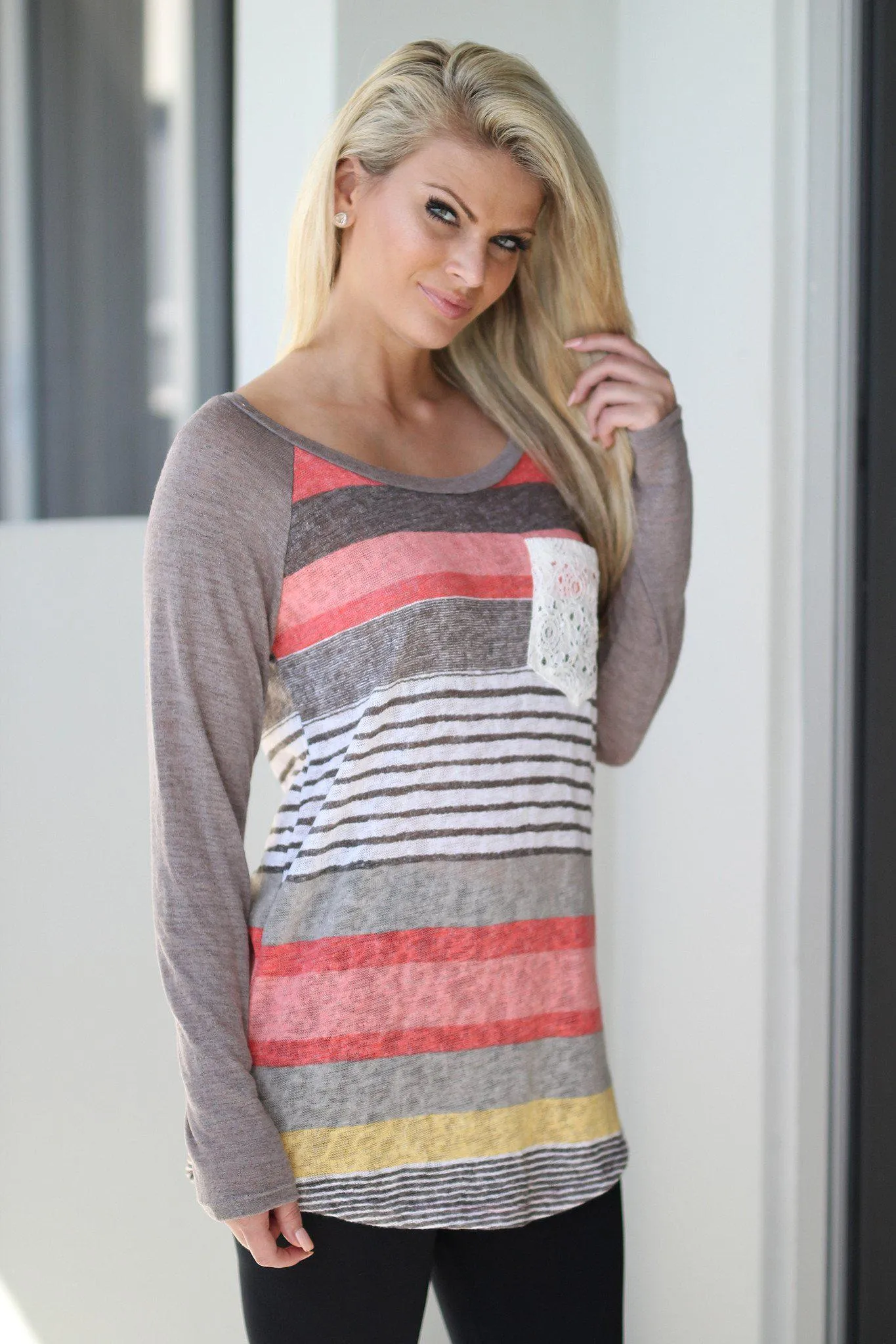 Multicolor Striped Top with Crochet Pocket