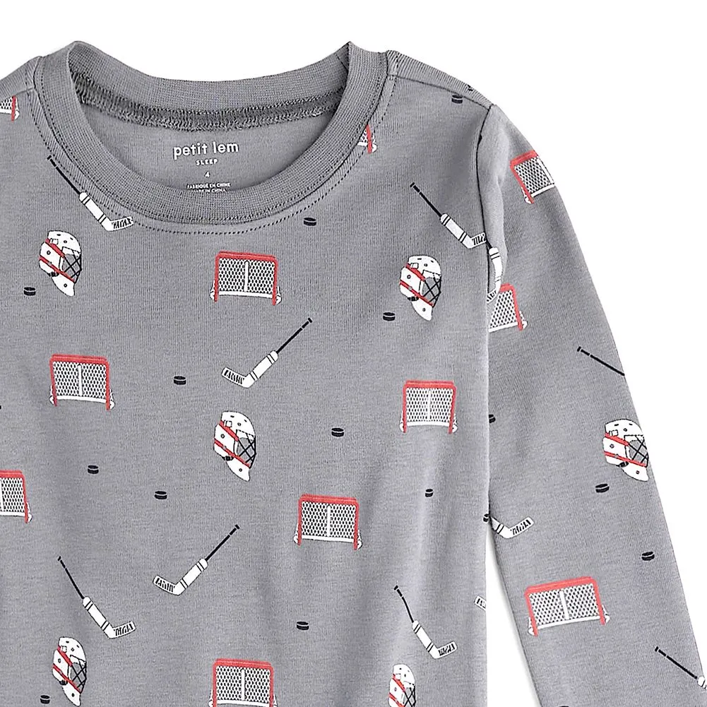 Petit Lem 2-Piece Organic Cotton Ribbed Pajama Set in Hockey Gear Print on Grey