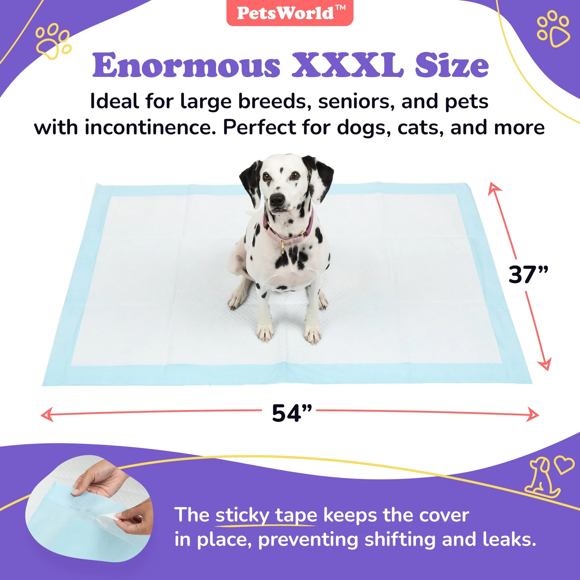 PetsWorld 37x54 Inch Pee Pads: 3XL Tear-Resistant & Leak-Proof