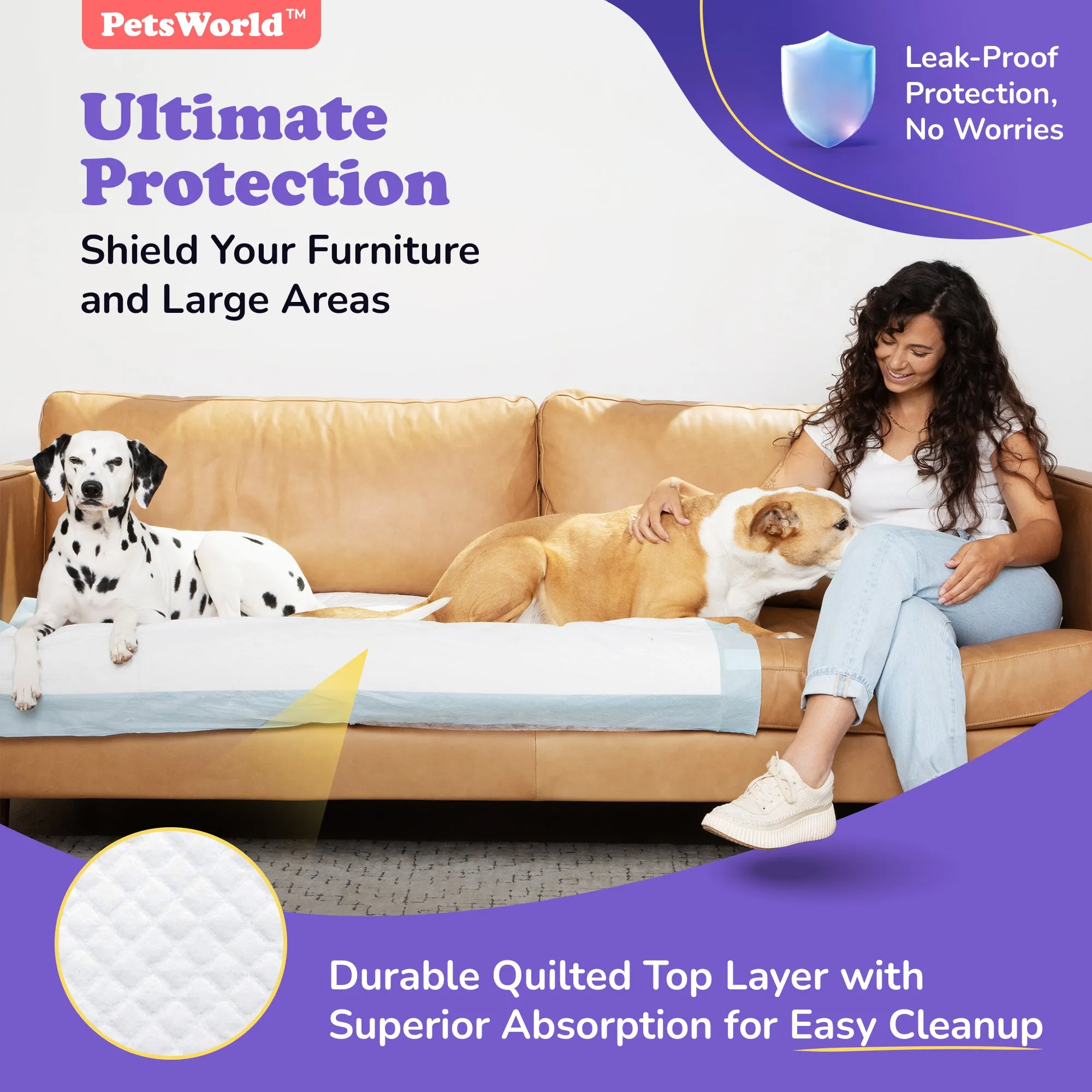 PetsWorld 37x54 Inch Pee Pads: 3XL Tear-Resistant & Leak-Proof