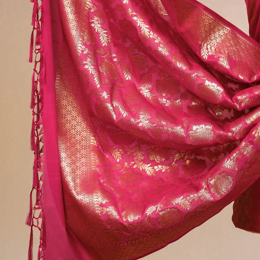 Pink - 3pc Banarasi Jaal & Buti Cutwork Silk Zari Work Suit Material Set