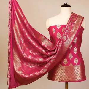 Pink - 3pc Banarasi Jaal & Buti Cutwork Silk Zari Work Suit Material Set