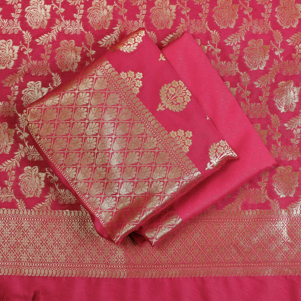 Pink - 3pc Banarasi Jaal & Buti Cutwork Silk Zari Work Suit Material Set
