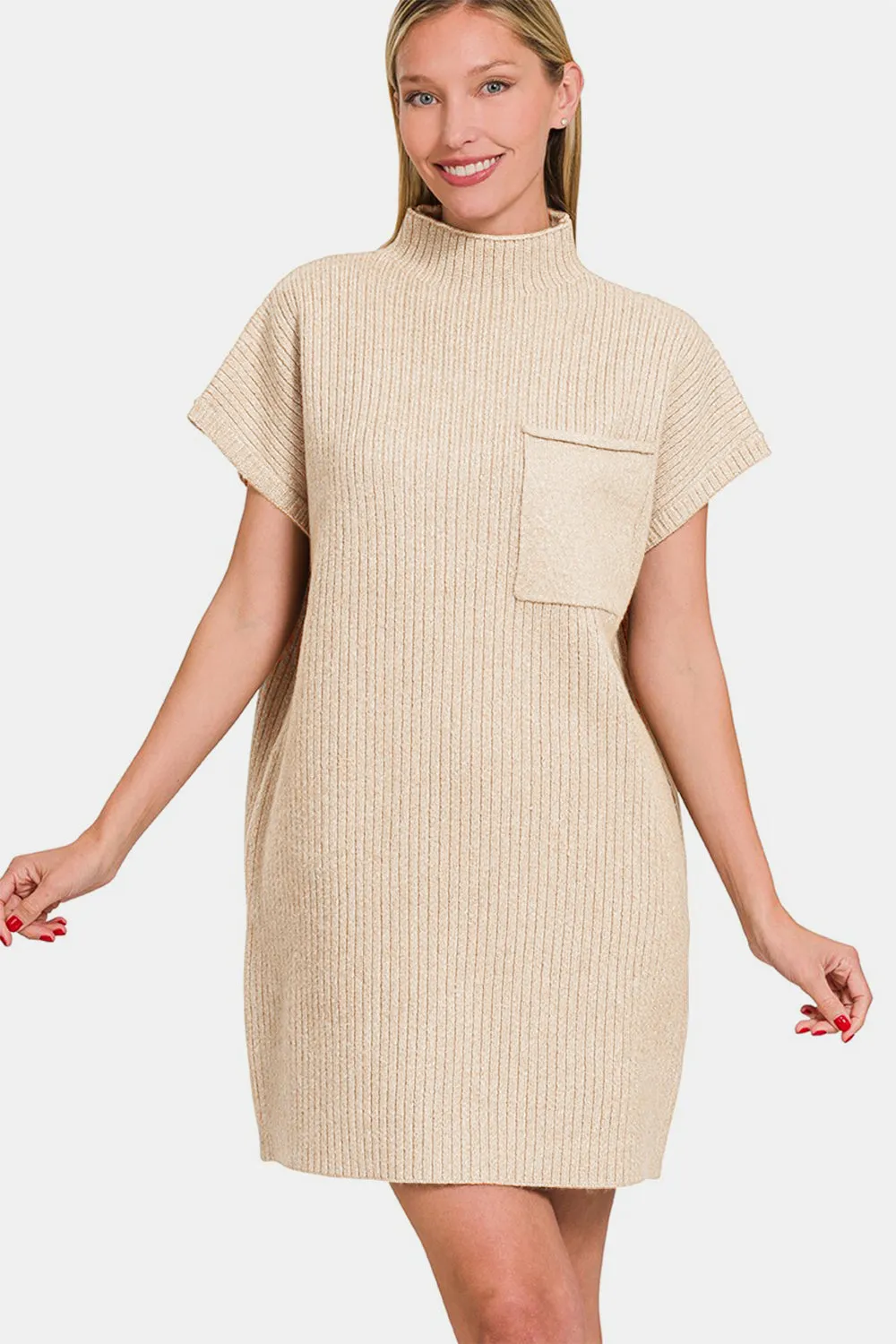 Short Sleeve Sand Beige Sweater Mini Dress