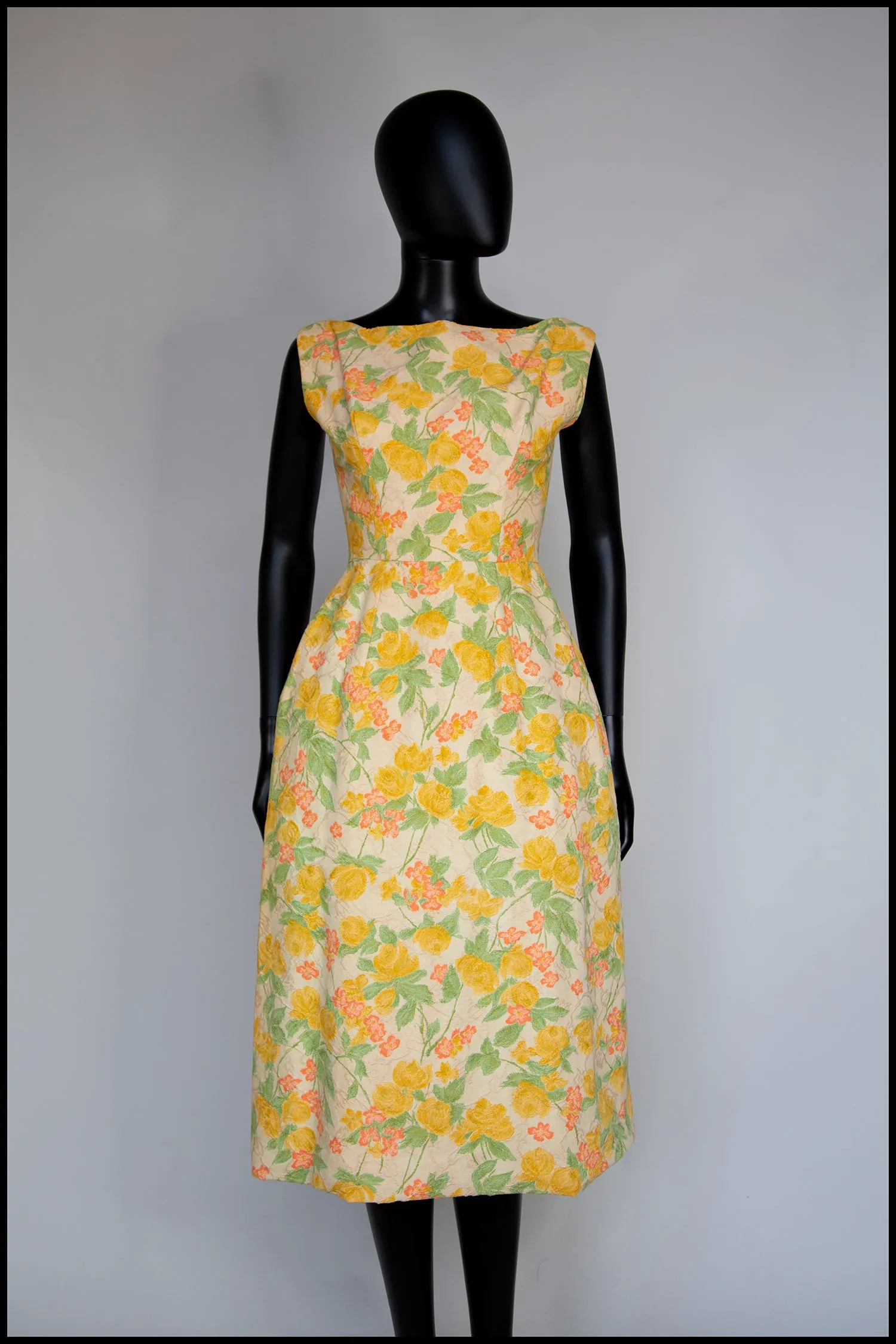 Vintage 1950s Pastel Floral Brocade Cotton Dress