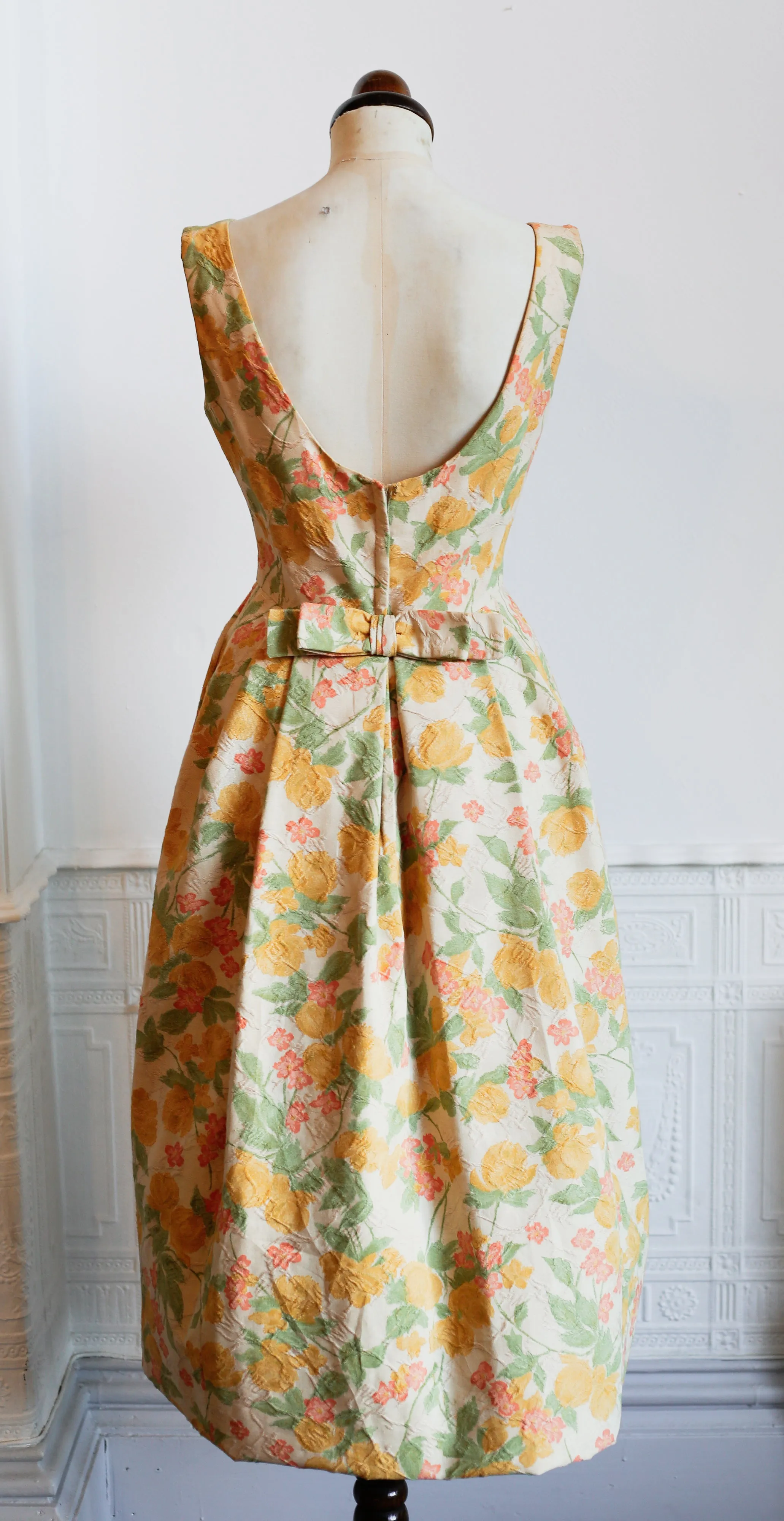 Vintage 1950s Pastel Floral Brocade Cotton Dress