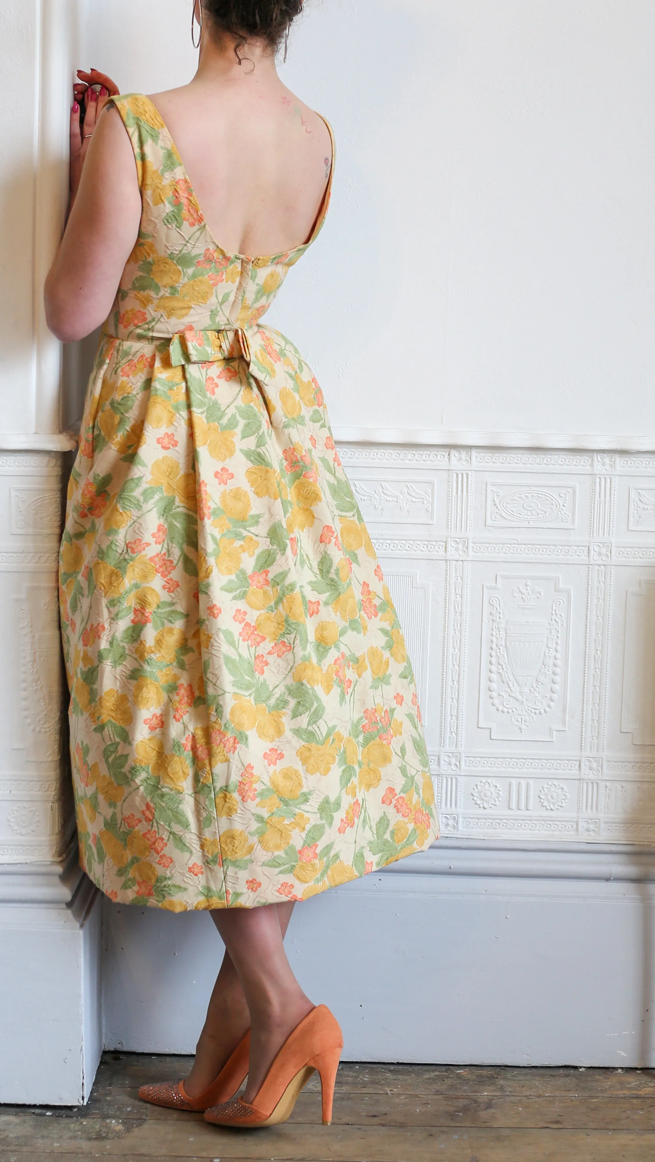 Vintage 1950s Pastel Floral Brocade Cotton Dress