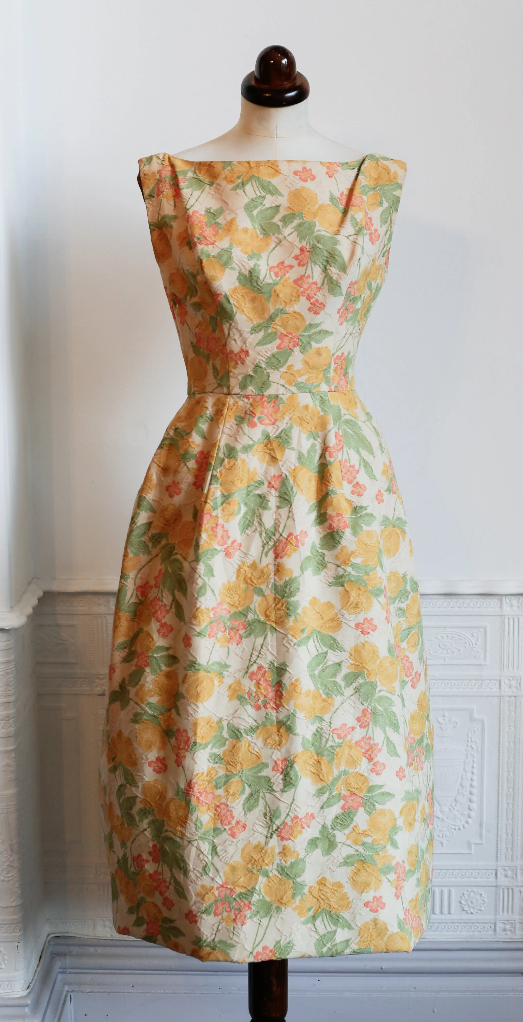 Vintage 1950s Pastel Floral Brocade Cotton Dress