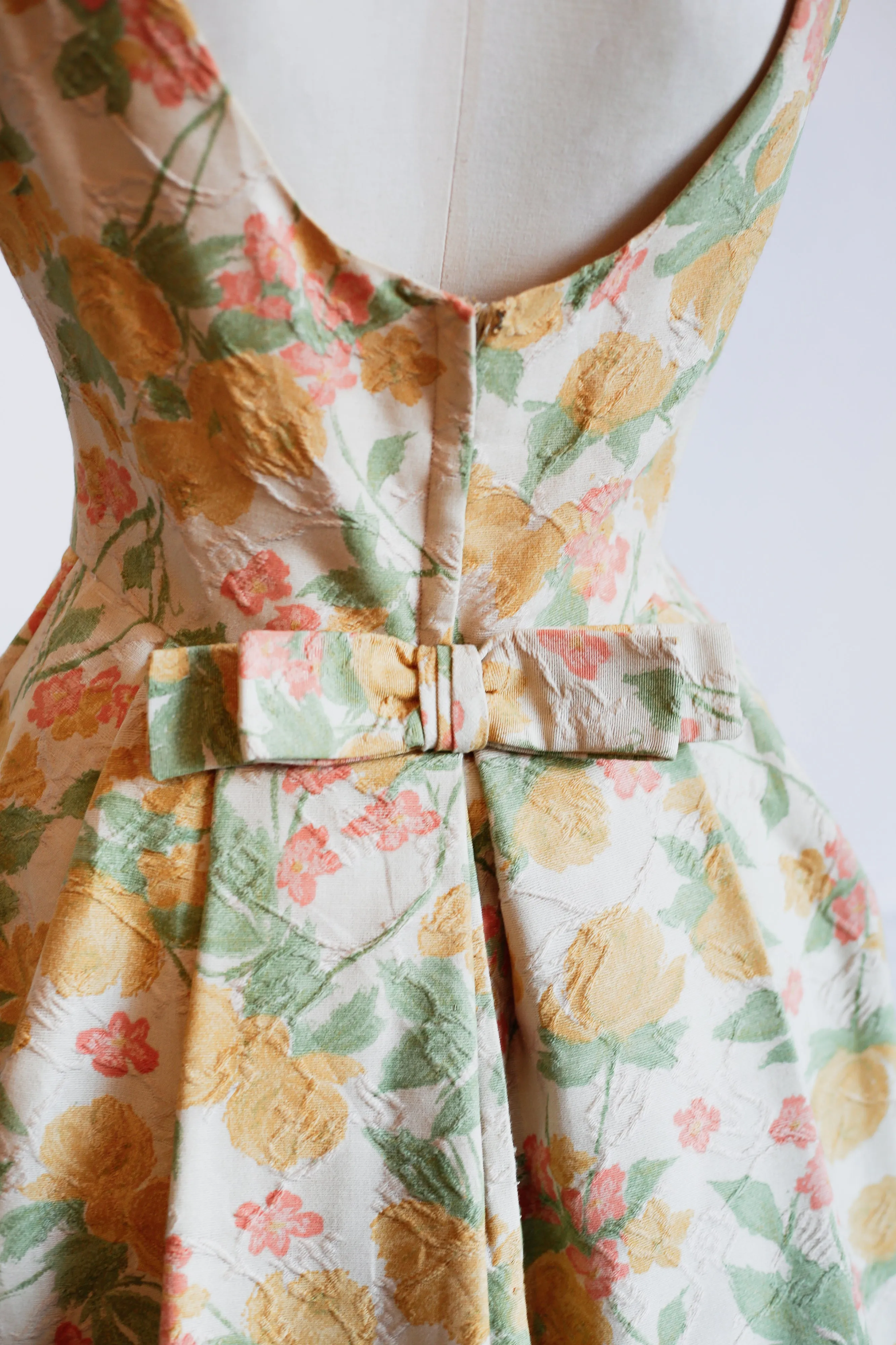 Vintage 1950s Pastel Floral Brocade Cotton Dress