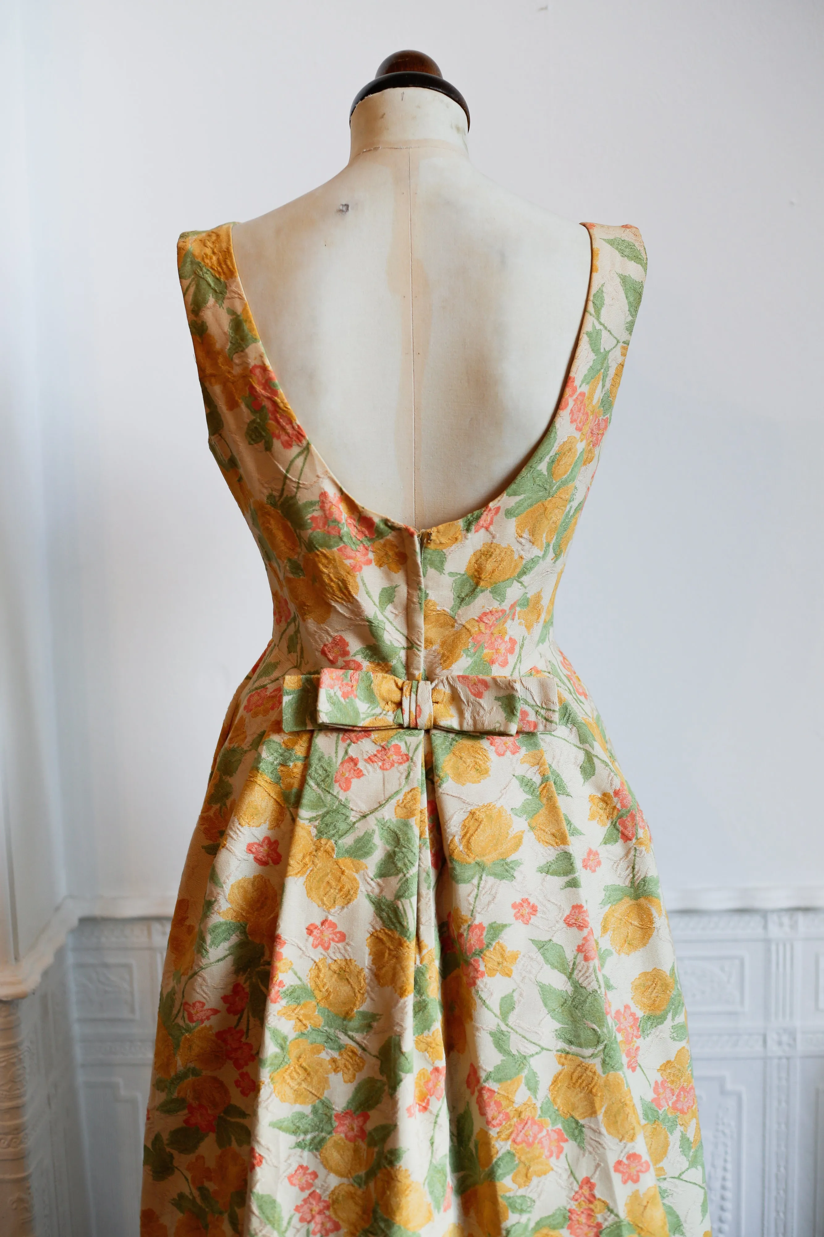 Vintage 1950s Pastel Floral Brocade Cotton Dress