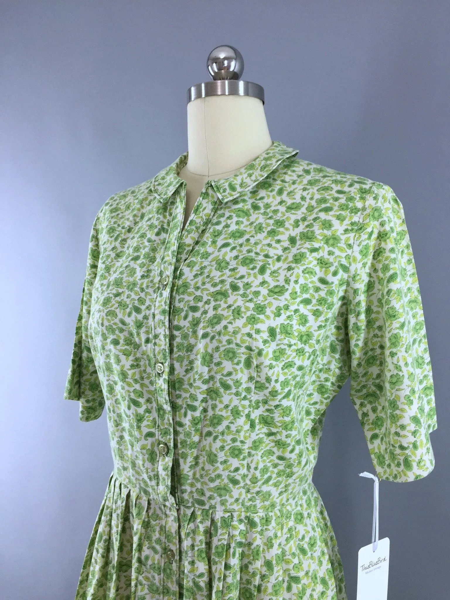 Vintage 1960s Day Dress / Green Floral Print Cotton