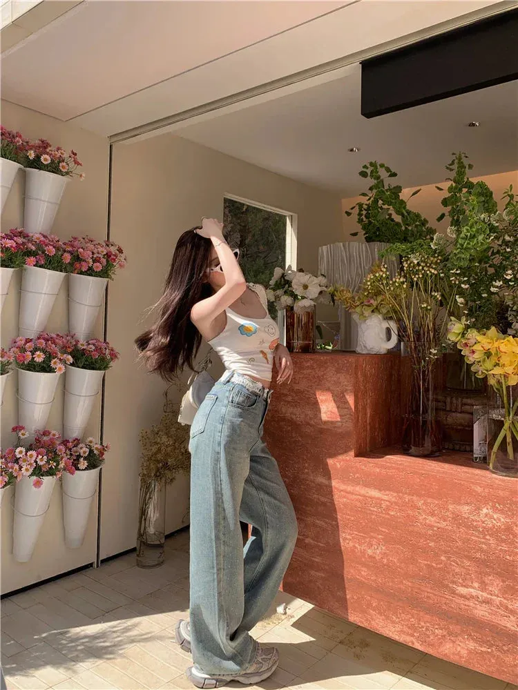 Vintage High Waist Wide Leg Streetwear Jeans with Contrast Lace