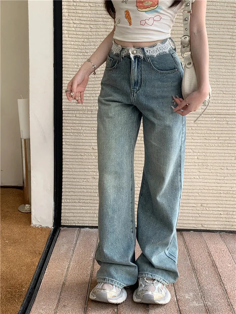 Vintage High Waist Wide Leg Streetwear Jeans with Contrast Lace