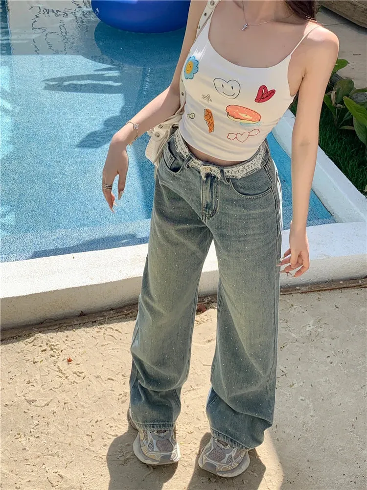 Vintage High Waist Wide Leg Streetwear Jeans with Contrast Lace