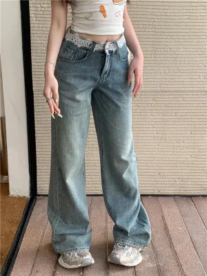 Vintage High Waist Wide Leg Streetwear Jeans with Contrast Lace