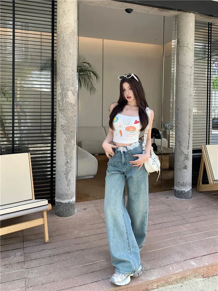 Vintage High Waist Wide Leg Streetwear Jeans with Contrast Lace