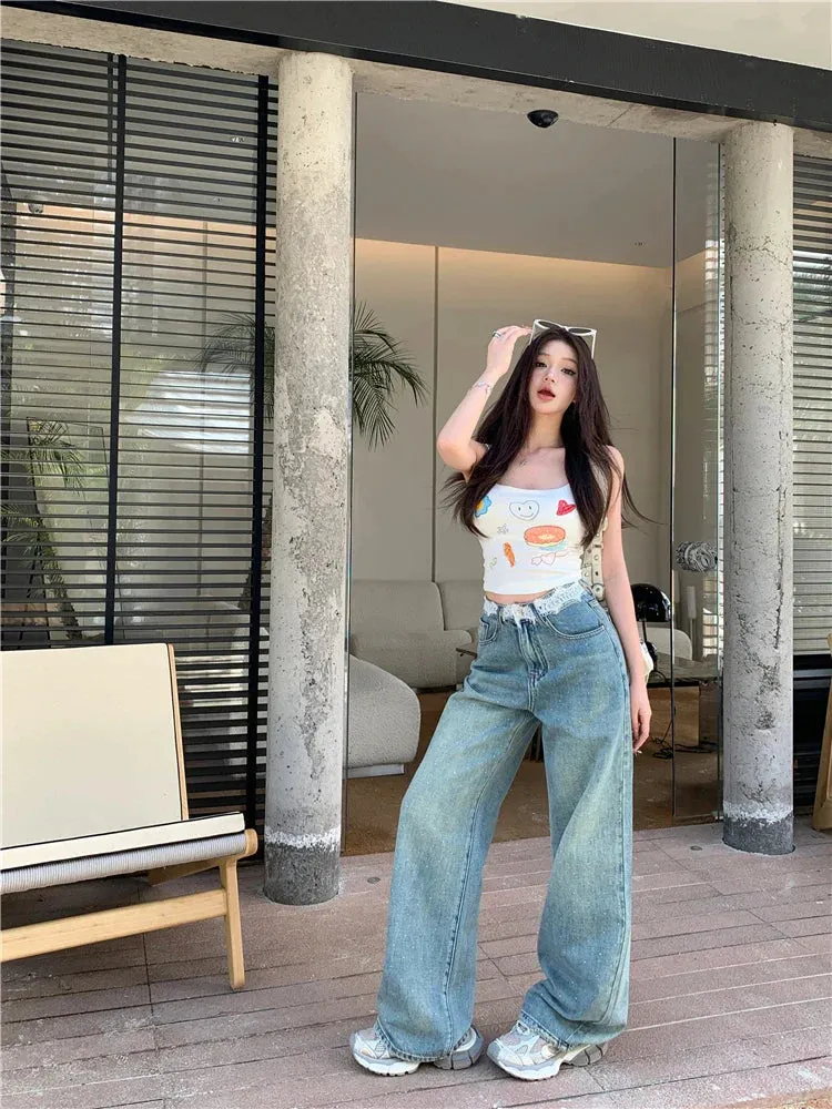 Vintage High Waist Wide Leg Streetwear Jeans with Contrast Lace