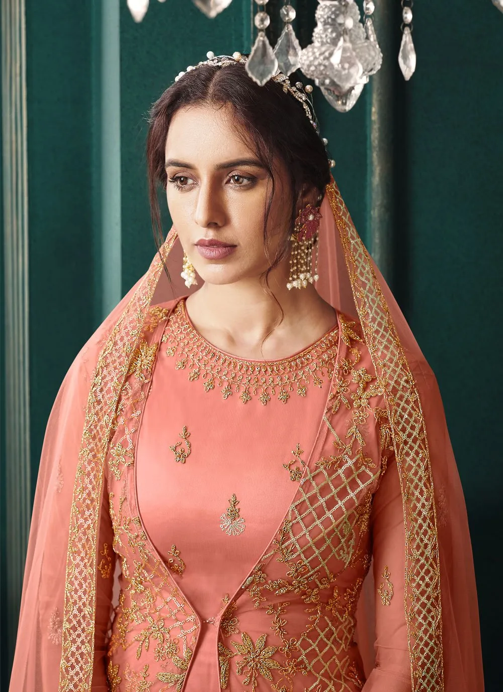 Wedding Party Coral Peach Designer Pant Suit with Jacket