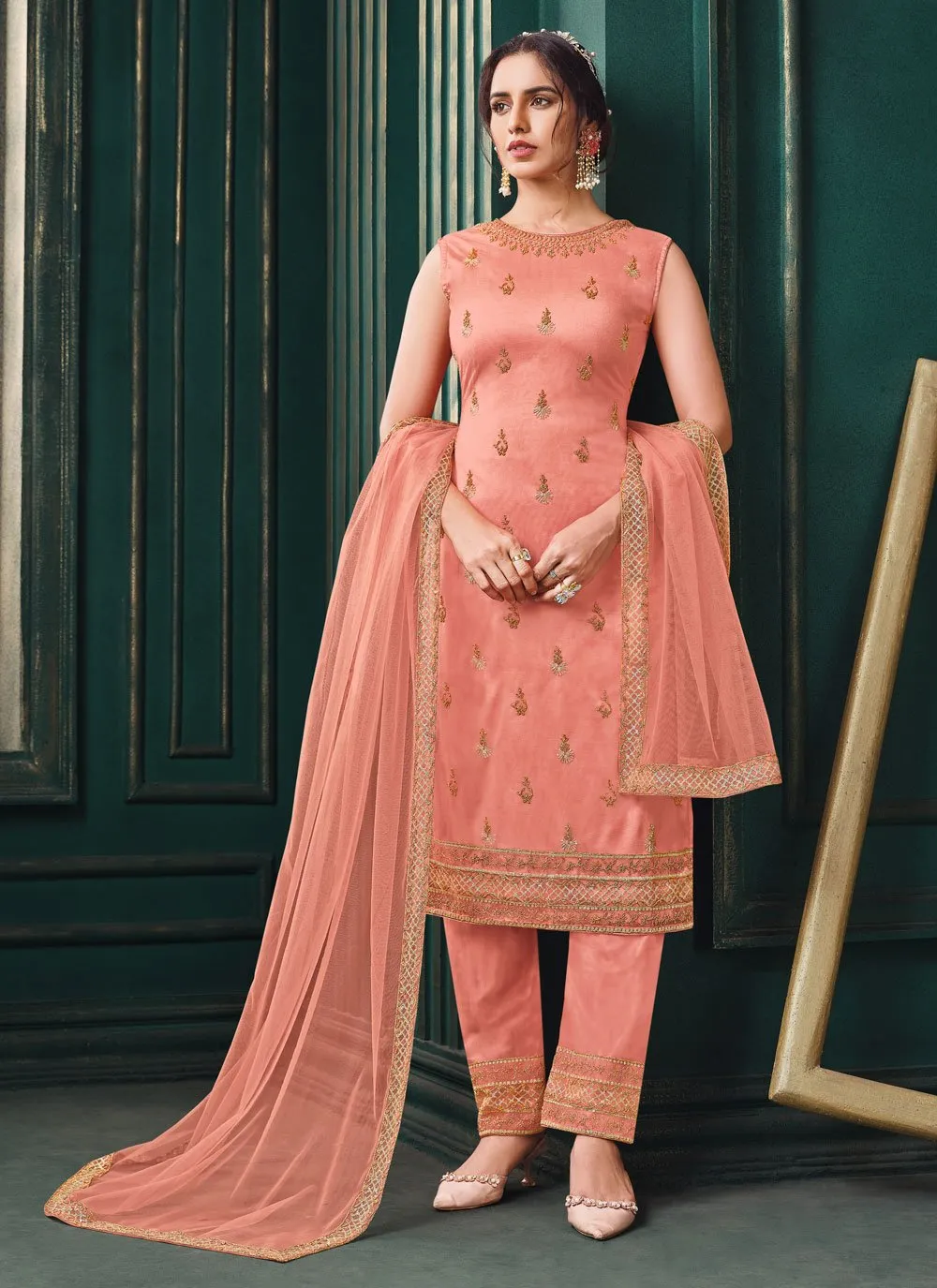 Wedding Party Coral Peach Designer Pant Suit with Jacket