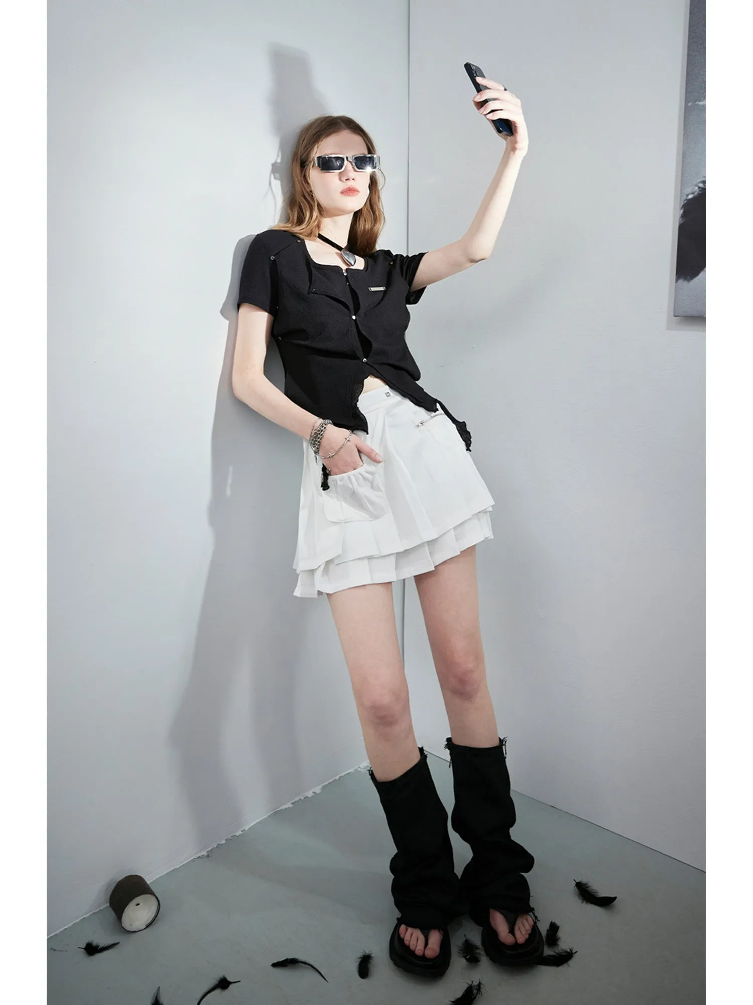 WESAME LAB DOUBLE PLEATED STITCHING SKIRT