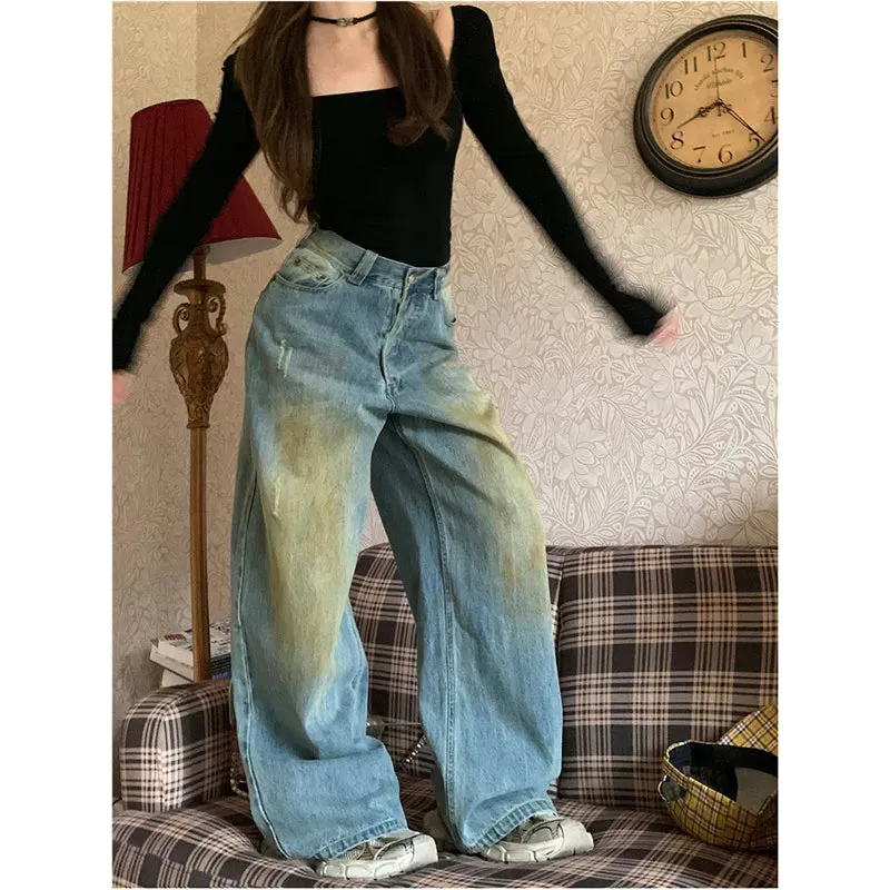 Wide Streetwear Baggy Y2K Vintage Blue 90s Denim Waist Leg American High Jeans