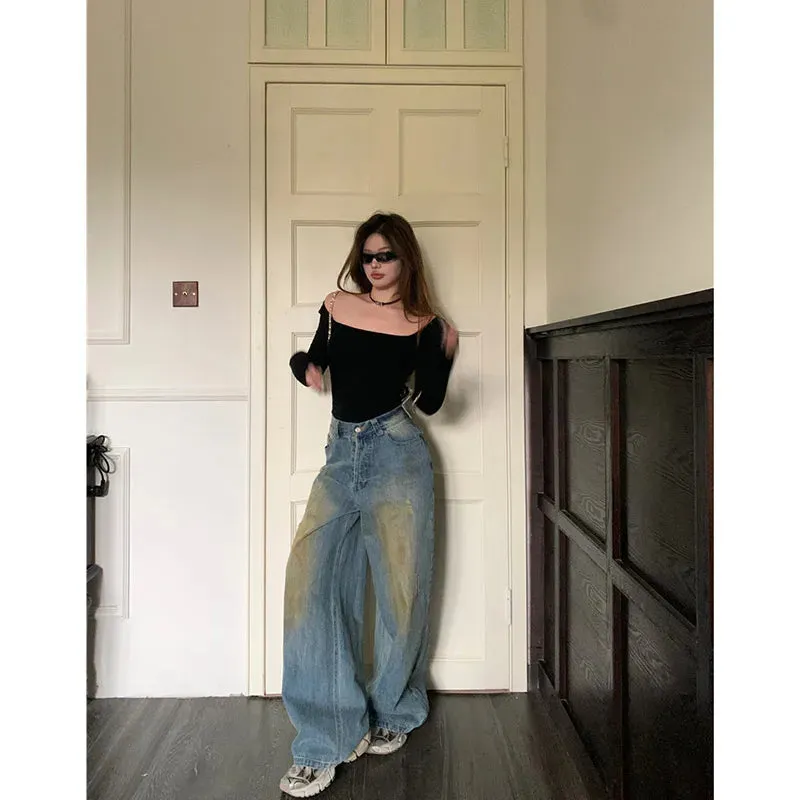 Wide Streetwear Baggy Y2K Vintage Blue 90s Denim Waist Leg American High Jeans